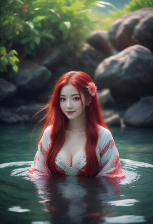 A shot of a beautiful asian woman with red hair in the waterの素材