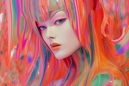 illustration of a woman's face with colorful hair and makeupの素材