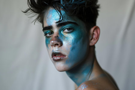 Portrait of a young man with creative make-up and bodyartの素材