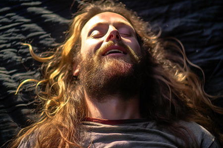 Portrait of a man with long hair and beard in the sunの素材