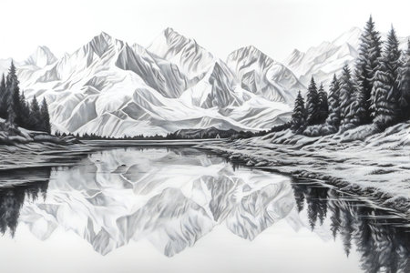 Mountains reflected in the water of a mountain lake. Digital paintingの素材