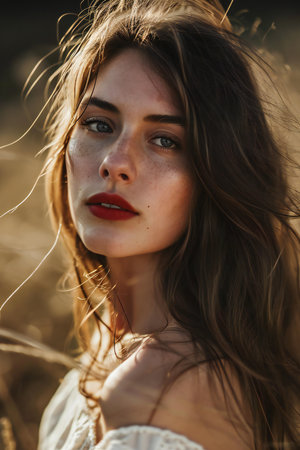 Portrait of a beautiful young woman with long hair in the fieldの素材