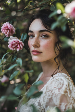 Portrait of a beautiful young woman in a white lace dress in the garden with pink rosesの素材