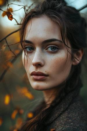 Close-up portrait of a beautiful girl in the autumn forest. Beauty, fashion.の素材