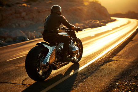 Motorcycle on the road at sunset. Rear view of a man riding a motorcycle.の素材