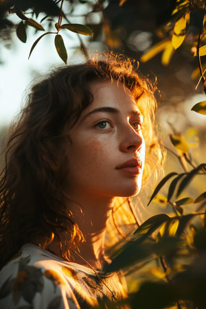 Portrait of a beautiful young woman with freckles on her face in the sunlight.の素材