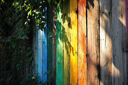 Colorful wooden fence in the garden. Close-up shot.の素材