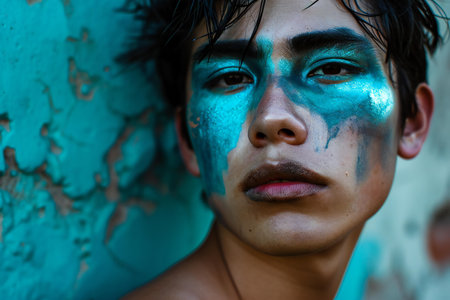 Portrait of a young man with blue paint on his face.の素材