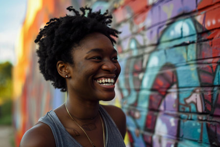 Portrait of a young african american woman smiling against graffiti wallの素材