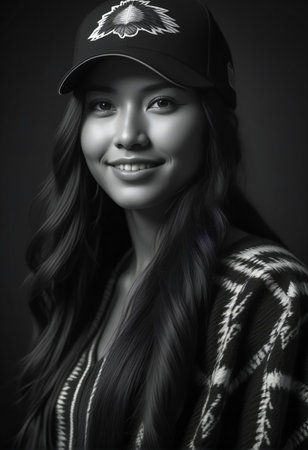 Portrait of a beautiful girl in a cap. Black and white photo.の素材