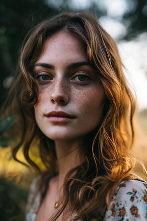 Portrait of a beautiful young girl with freckles on her face.の素材