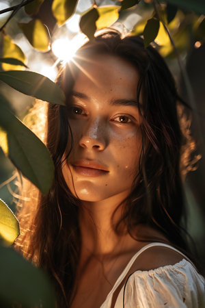 fashion outdoor photo of beautiful sensual woman with dark hair in elegant dress posing in summer gardenの素材