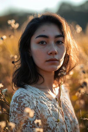 Portrait of a young beautiful asian woman in field at sunsetの素材