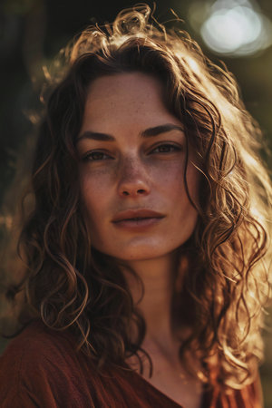 Portrait of a beautiful young woman with curly hair in the parkの素材