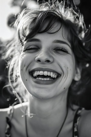 Portrait of a beautiful young woman smiling. Black and white photo.の素材