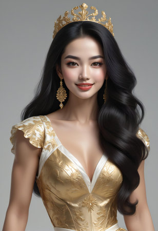 Beautiful asian woman in golden dress with crown on gray backgroundの素材
