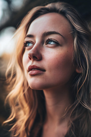 Portrait of a beautiful young woman with freckles on her face.の素材