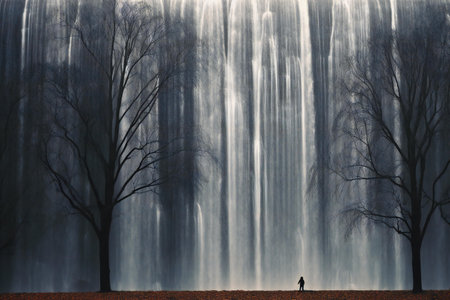 Silhouette of a man standing in front of a waterfall.の素材