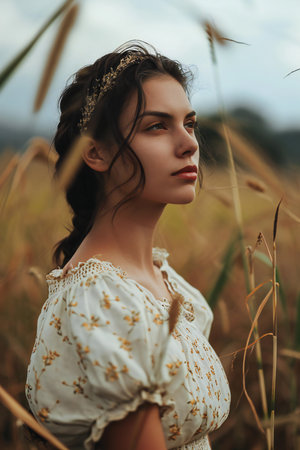 Portrait of a beautiful young woman in a wheat field. Beauty, fashion.の素材