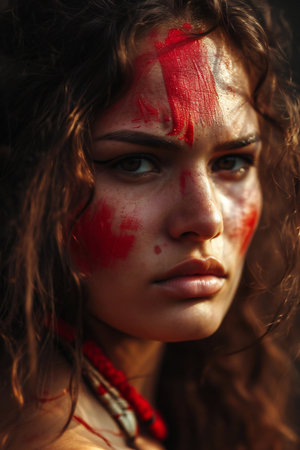 Close-up portrait of a beautiful girl with red blood on her face.の素材