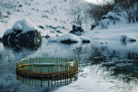 Japanese hot spring in winter, close-up. Shallow depth of field.の素材