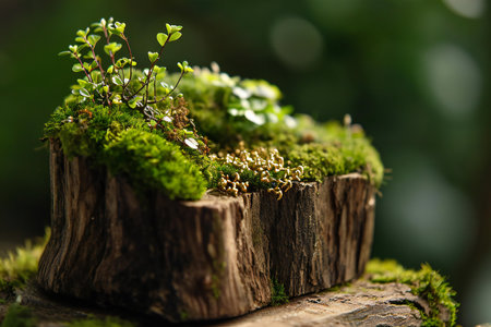 Green moss on a wooden stump in the forest. Selective focus.の素材