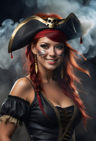 Portrait of a beautiful red-haired girl in a pirate costume.の素材