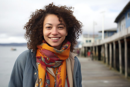 Portrait of a smiling young woman with curly hair on the pierの素材