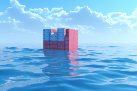 a container floating in the sea with sky backgroundの素材