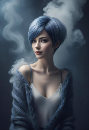 Portrait of a beautiful young woman with blue hair and smoke.の素材