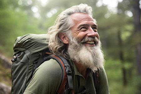 Portrait of senior man with long white beard and mustache smiling while hiking in forestの素材