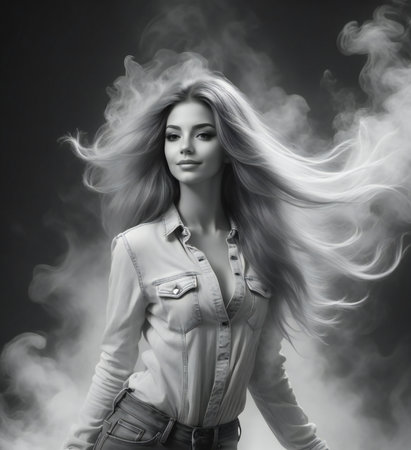 Beautiful young woman with long hair in the smoke. Black and white photo.の素材