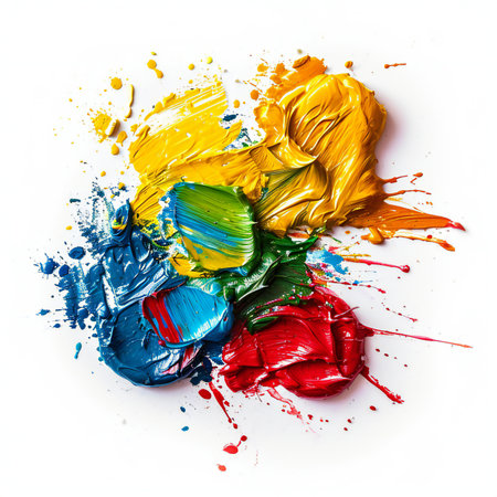 Colorful paint splashes isolated on white background. Top view.の素材