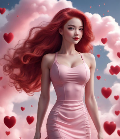 Beautiful red-haired girl in a pink dress with flying heartsの素材