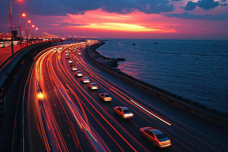 Car light trails on the road at sunset in Istanbul, Turkey.の素材