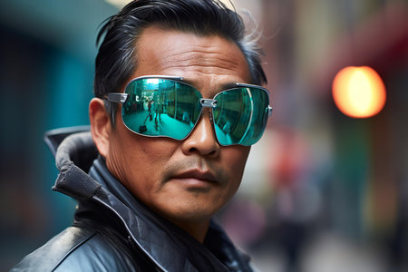 Portrait of a handsome asian man wearing sunglasses on the streetの素材