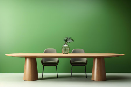 Wooden table and chairs in a green room.の素材