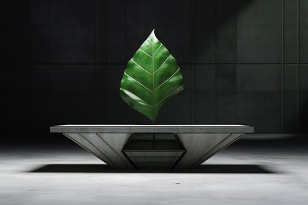 Green leaf in a dark room with concrete floor.の素材