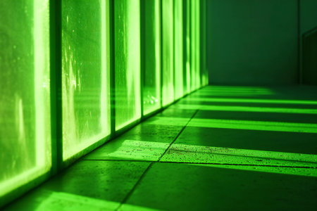 Futuristic green corridor with lights and shadows, abstract background.の素材