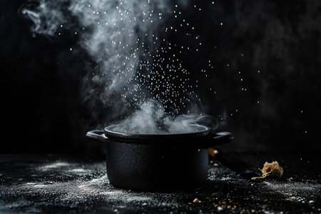 Cooking pot with boiling water and smoke on a black background.の素材