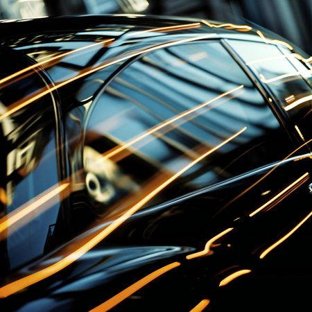 Close up shot of a car in a car showroom with motion blurの素材