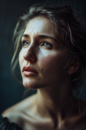 Portrait of a beautiful young woman with long hair and green eyesの素材