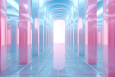 Futuristic corridor with glowing lights and reflections.の素材
