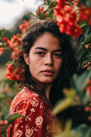 Portrait of a beautiful girl in a red dress among the flowersの素材
