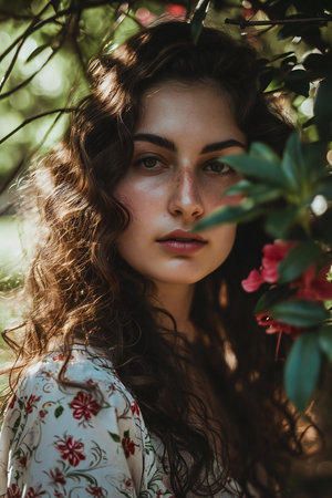 Portrait of a beautiful girl with curly hair in a blooming gardenの素材
