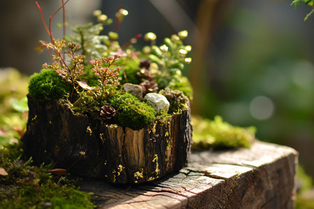 Moss and succulents in a wooden pot. Selective focus.の素材