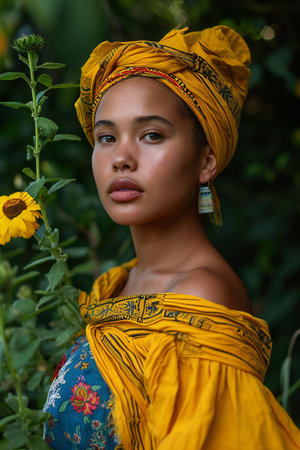 Portrait of a beautiful young woman in a yellow turban.の素材