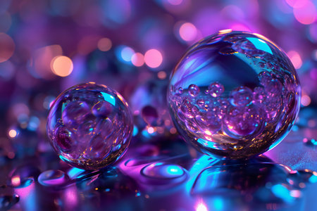 Transparent glass balls on a purple background with bokeh.の素材