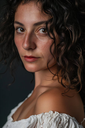 Portrait of a beautiful brunette girl with curly hair. Studio shot.の素材