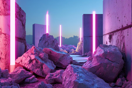 Futuristic sci-fi landscape with neon lights.の素材